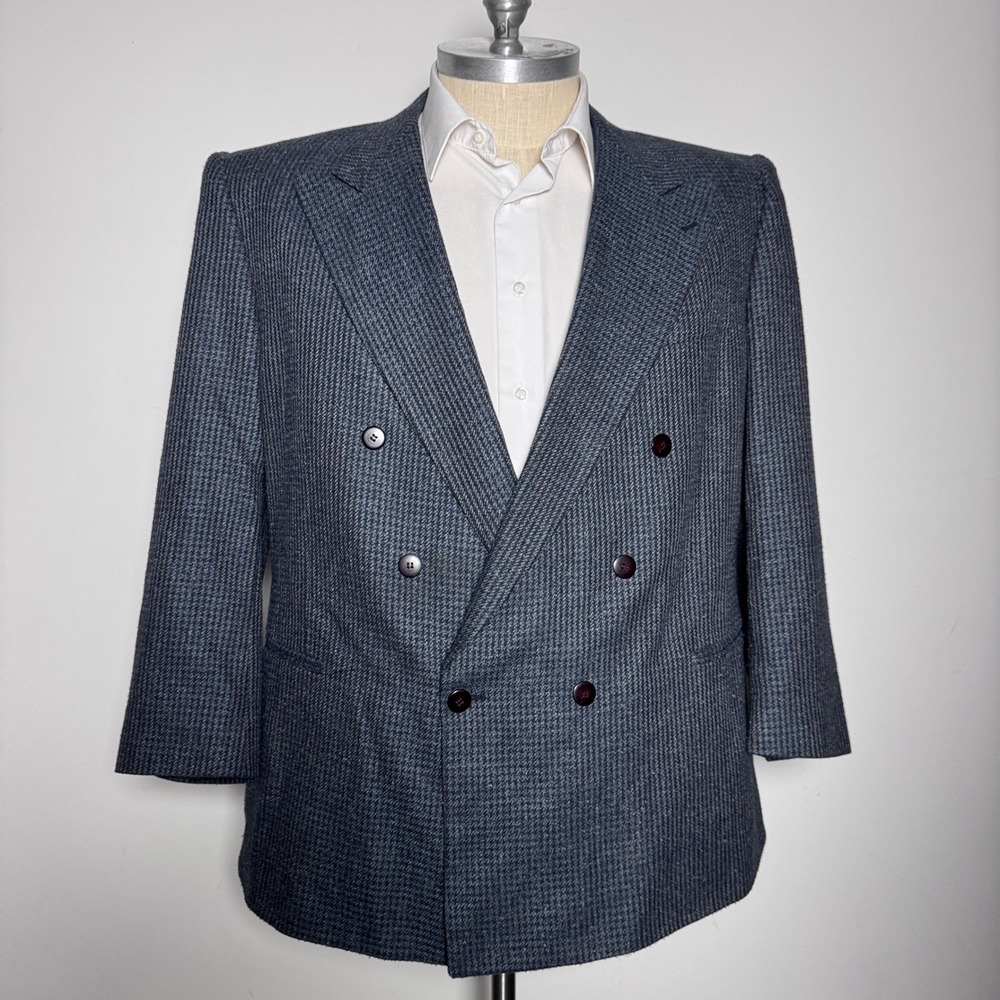 Barry Manufacturing Blazer Mens 48R Blue Tweed Double Breasted Peak Vintage